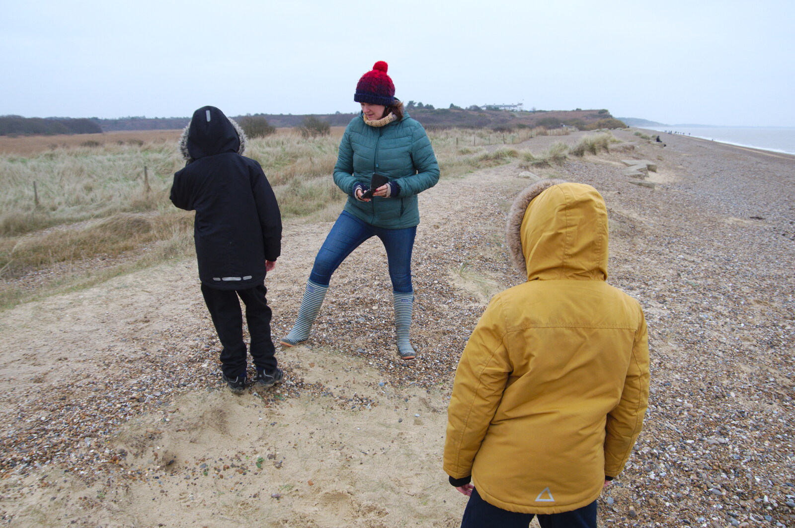 The gang on the shingle from A Trip to the Beach, Dunwich Heath, Suffolk - 27th December 2019