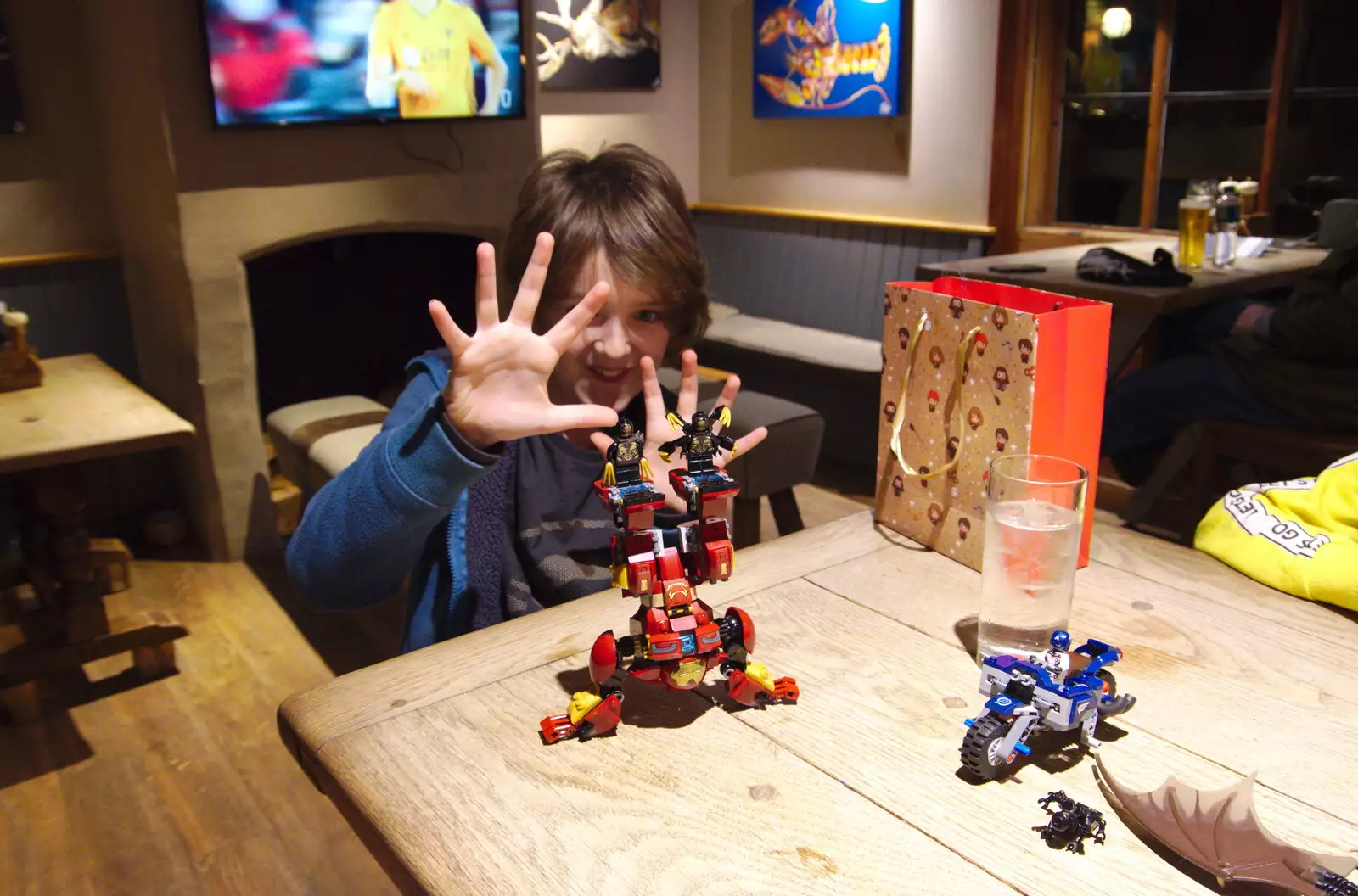 Fred's Lego creation in the Oaksmere bar, from Diss Panto and the Christmas Lights, Diss, Norfolk - 27th December 2019