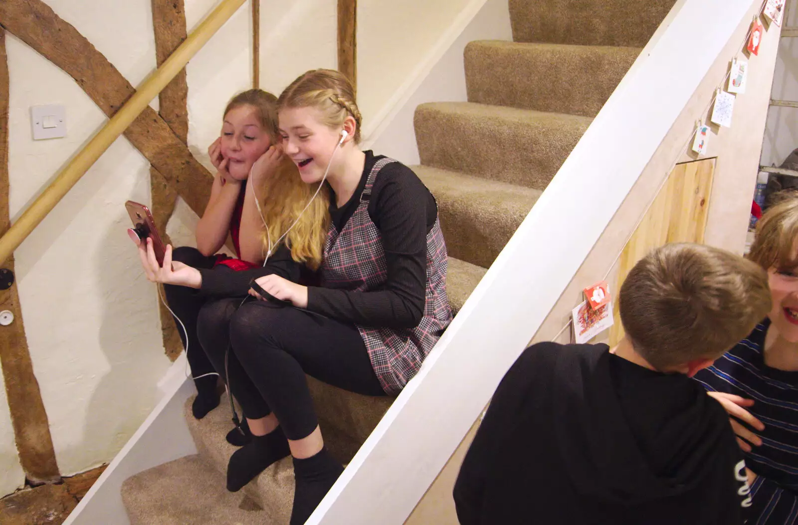 A Facetime conference occurs on the stairs, from A New Year's Eve Party, Brome, Suffolk - 31st December 2019