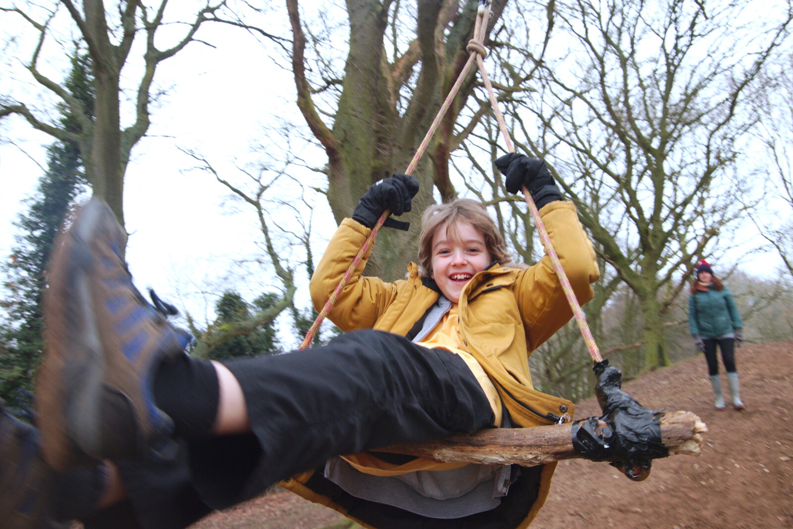 Fred on a rope swing, close up from New Year's Day on the Ling, Wortham, Suffolk - 1st January 2020