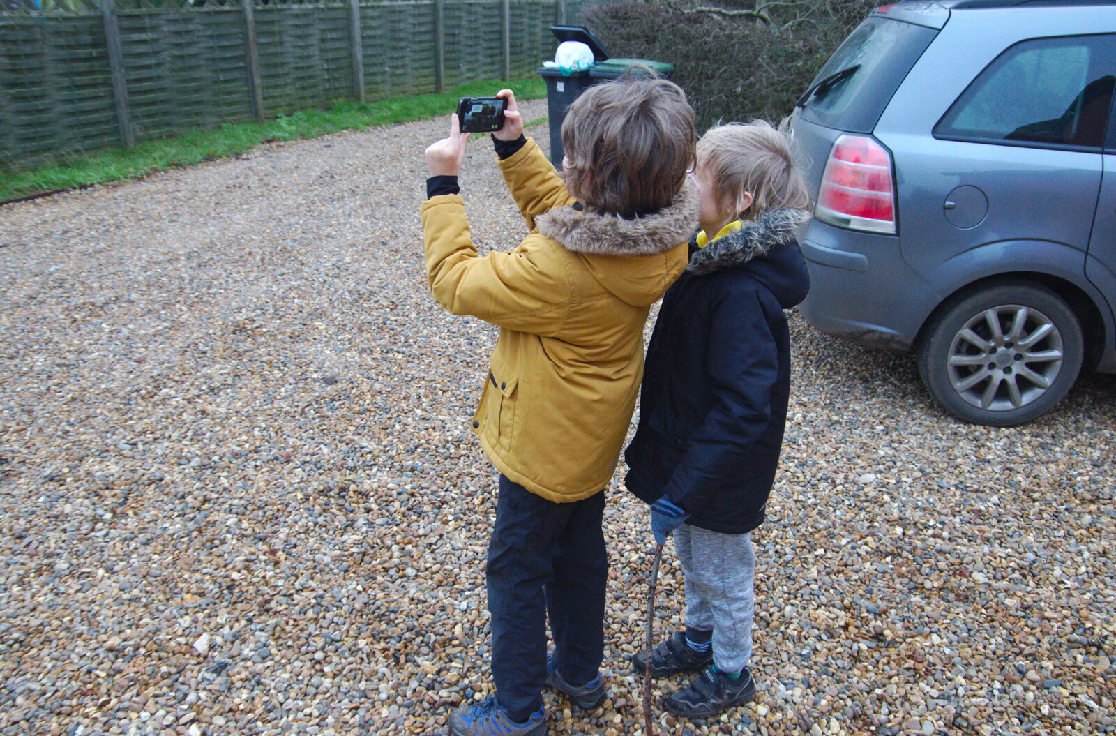 Fred and Harry do some augmented reality  from New Year's Day on the Ling, Wortham, Suffolk - 1st January 2020