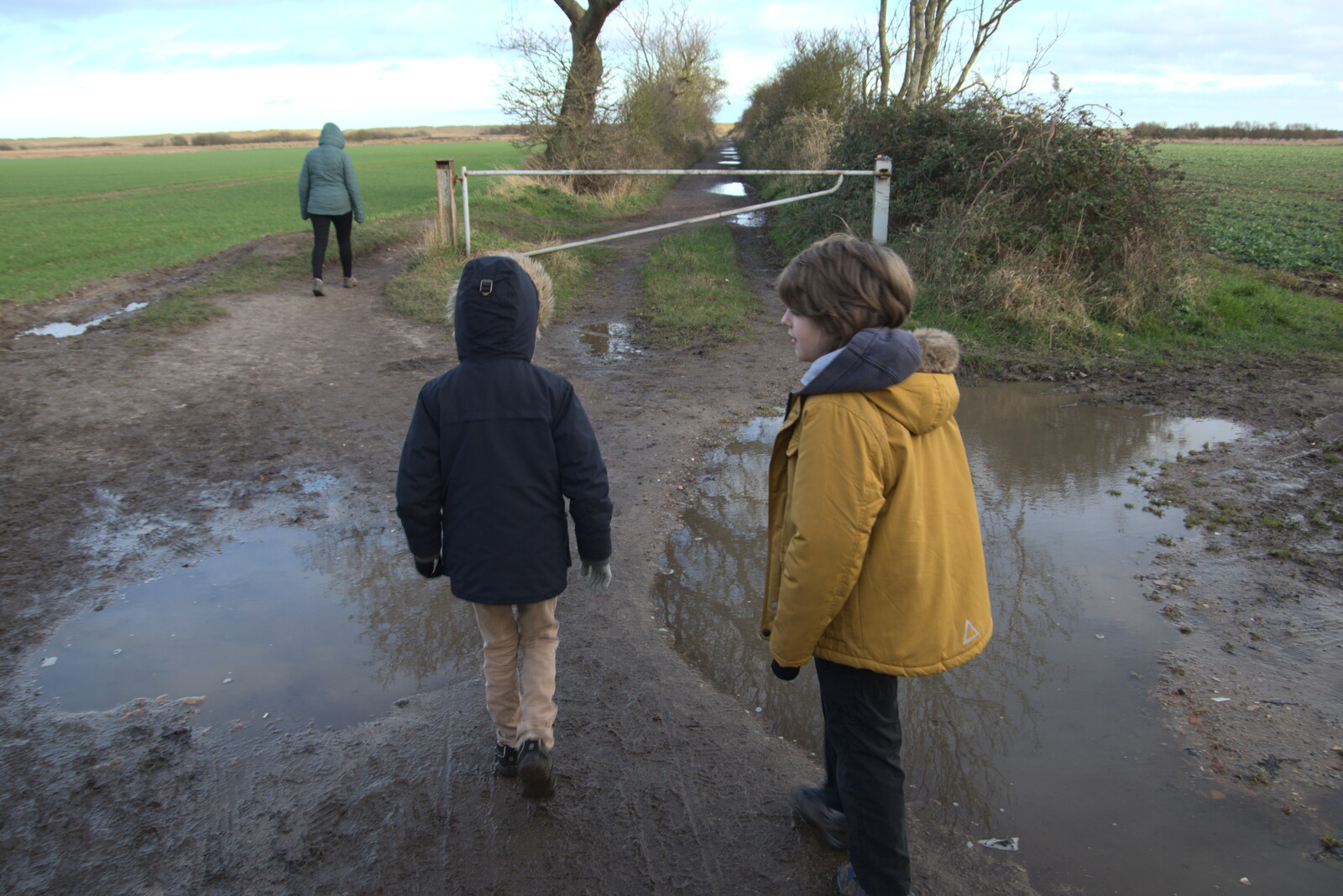 The boys navigate some big puddles from To See the Seals, Horsey Gap, Norfolk - 10th January 2020