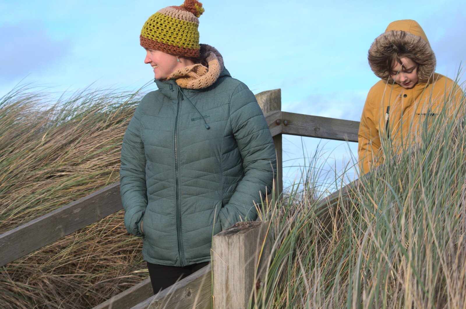Isobel and Fred cross the top of the dunes from To See the Seals, Horsey Gap, Norfolk - 10th January 2020