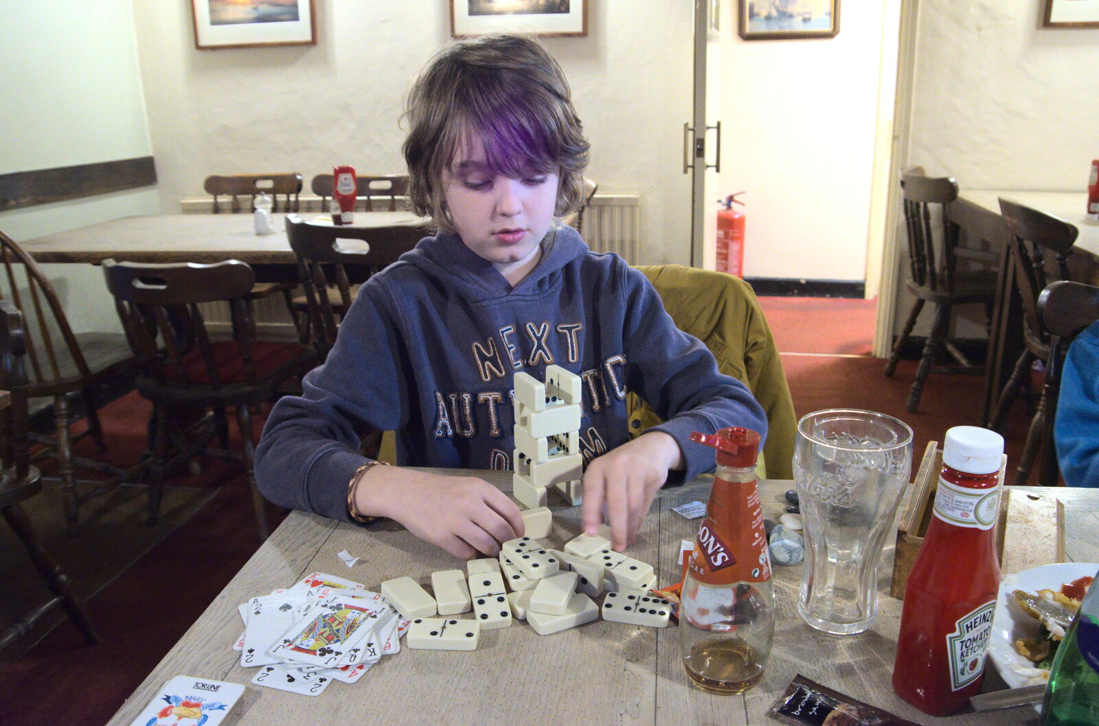 Fred builds a domino tower from To See the Seals, Horsey Gap, Norfolk - 10th January 2020