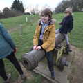 The boys mess around on a cannon, A Trip to Orford, Suffolk - 25th January 2020