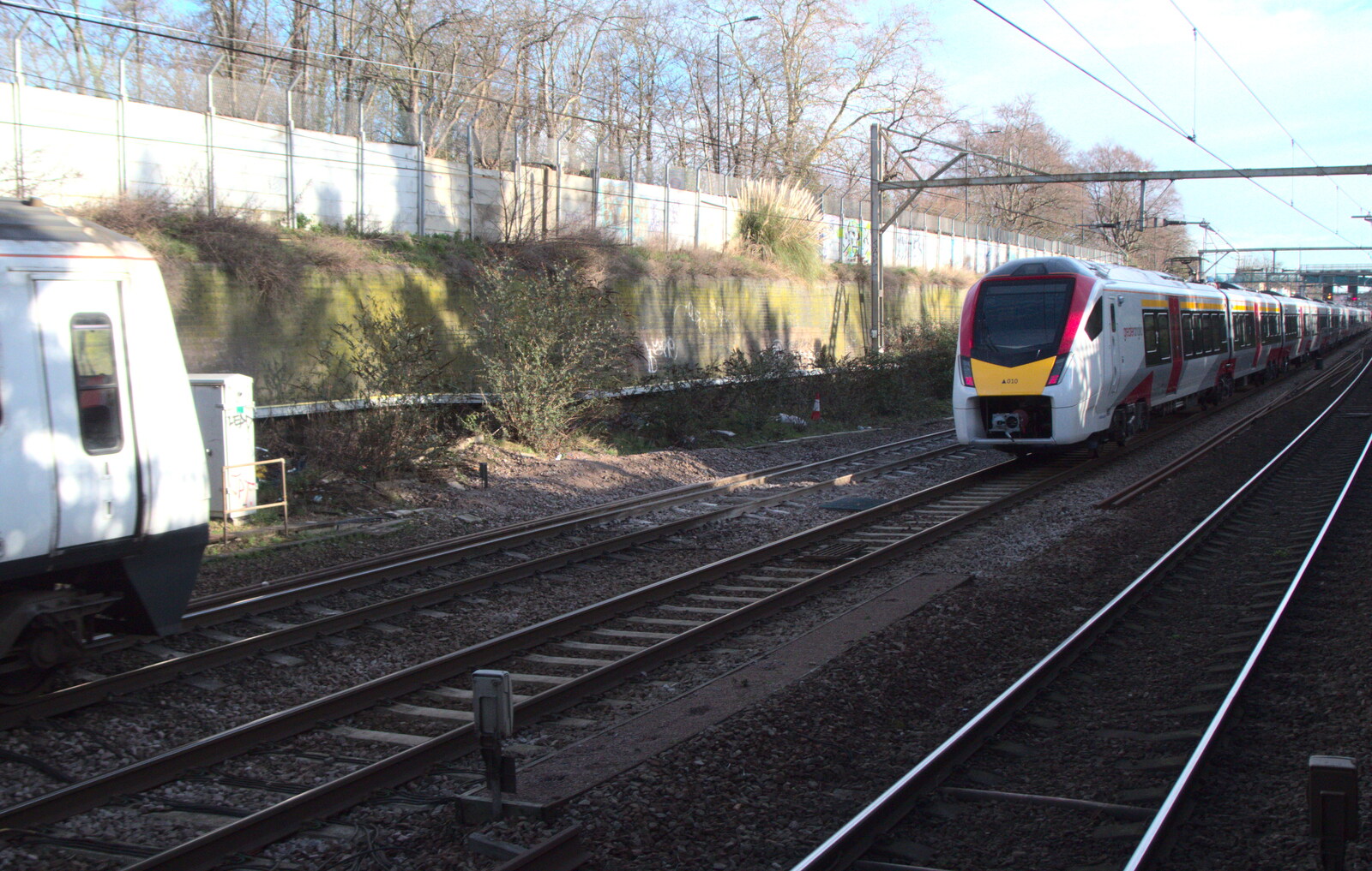 Broken-down Freight Trains, Manor Park, London - 28th January 2020: One of Greater Anglia's new trains is on trial