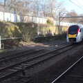 One of Greater Anglia's new trains is on trial, Broken-down Freight Trains, Manor Park, London - 28th January 2020