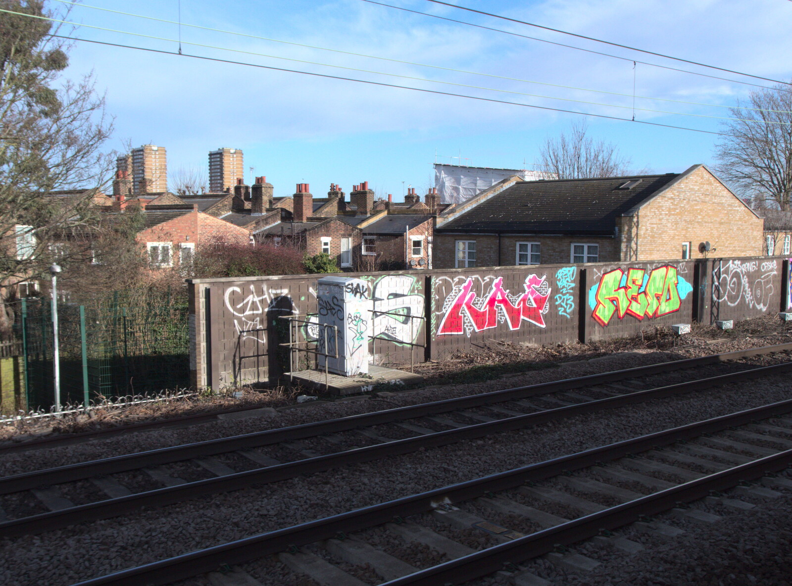 Broken-down Freight Trains, Manor Park, London - 28th January 2020: A pair of bright tags stand out in a sea of brown