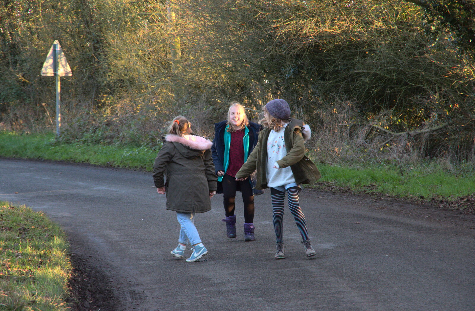 The girls walk backwards for some reason from Snowdrops at Talconeston Hall, Tacolneston, Norfolk - 7th February 2020