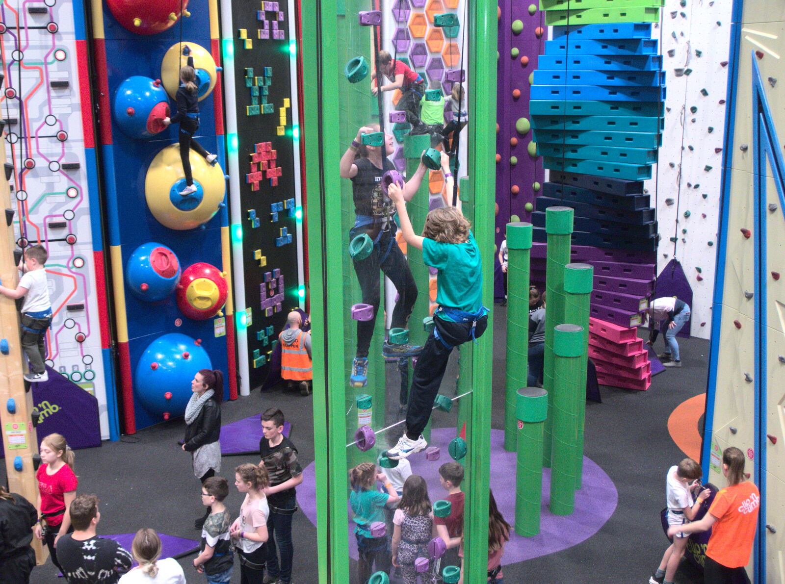 Sophie and Fred are half way up from Clip and Climb, The Havens, Ipswich - 15th February 2020