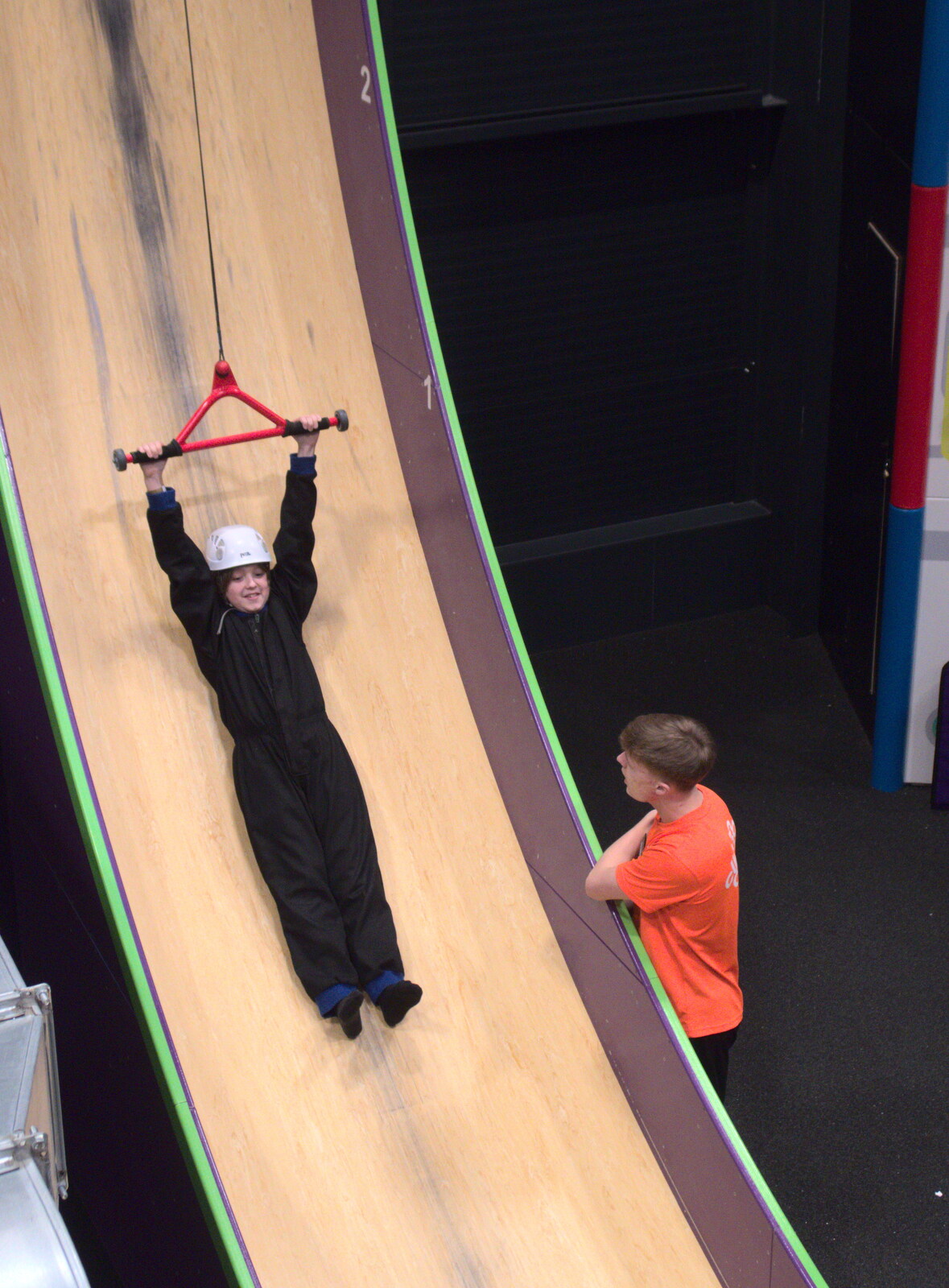 Fred gets dragged up the vertical drop slide from Clip and Climb, The Havens, Ipswich - 15th February 2020