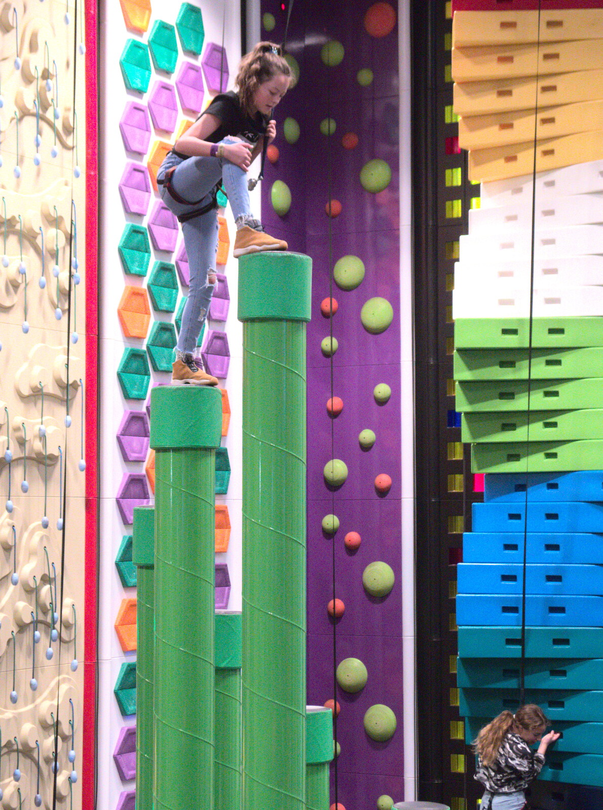 A girl gets to the top of a very high pole from Clip and Climb, The Havens, Ipswich - 15th February 2020