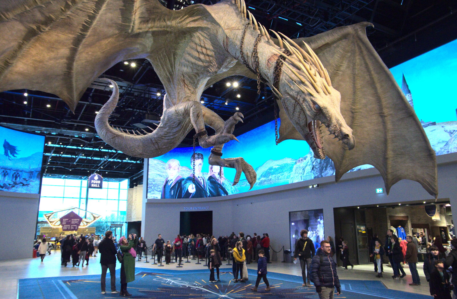 A massive dragon hangs in the entrance from A Trip to Harry Potter World, Leavesden, Hertfordshire - 16th February 2020