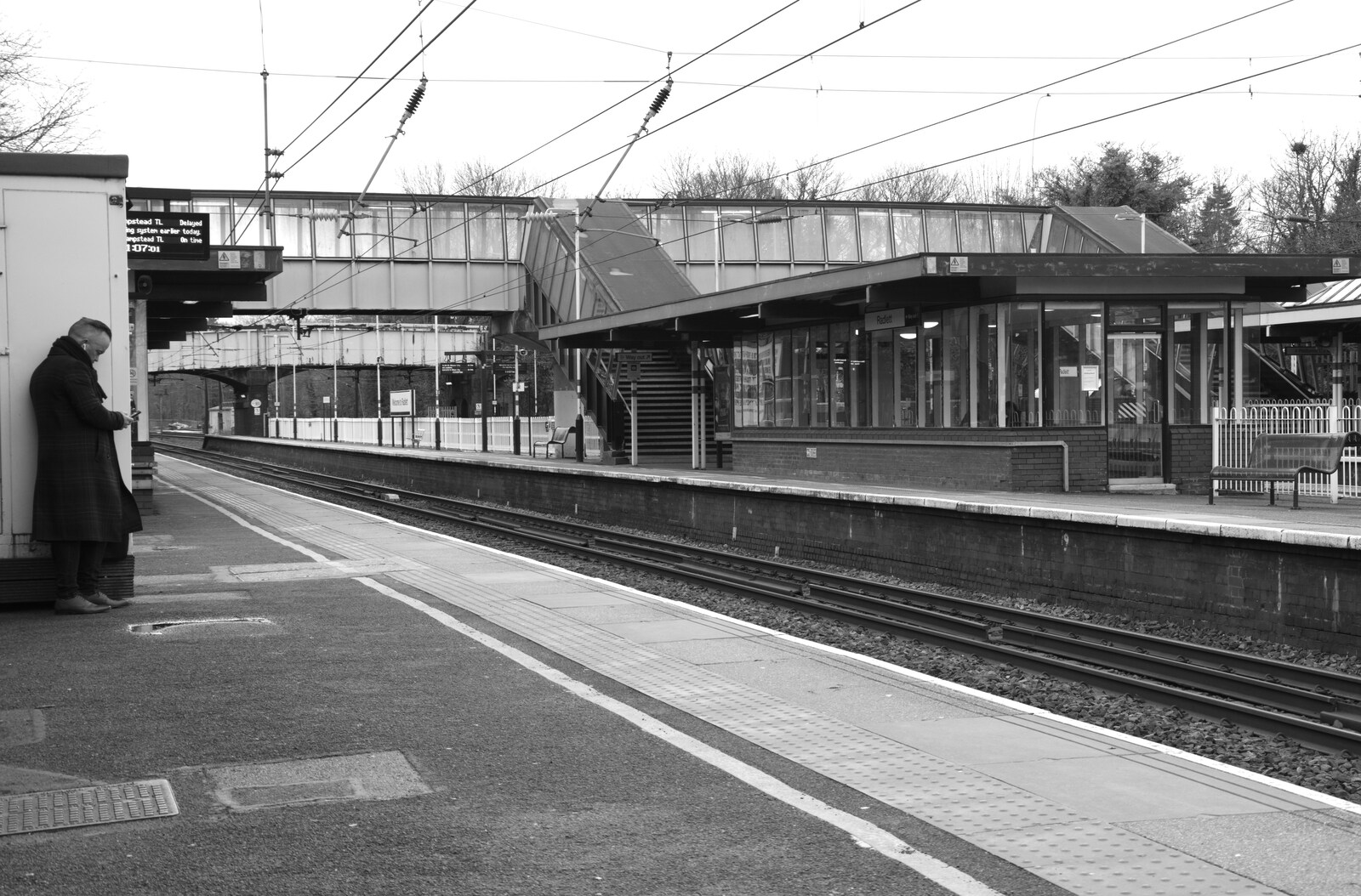 Some dude waits at Radlett Station from HMS Belfast and the South Bank, Southwark, London - 17th February 2020