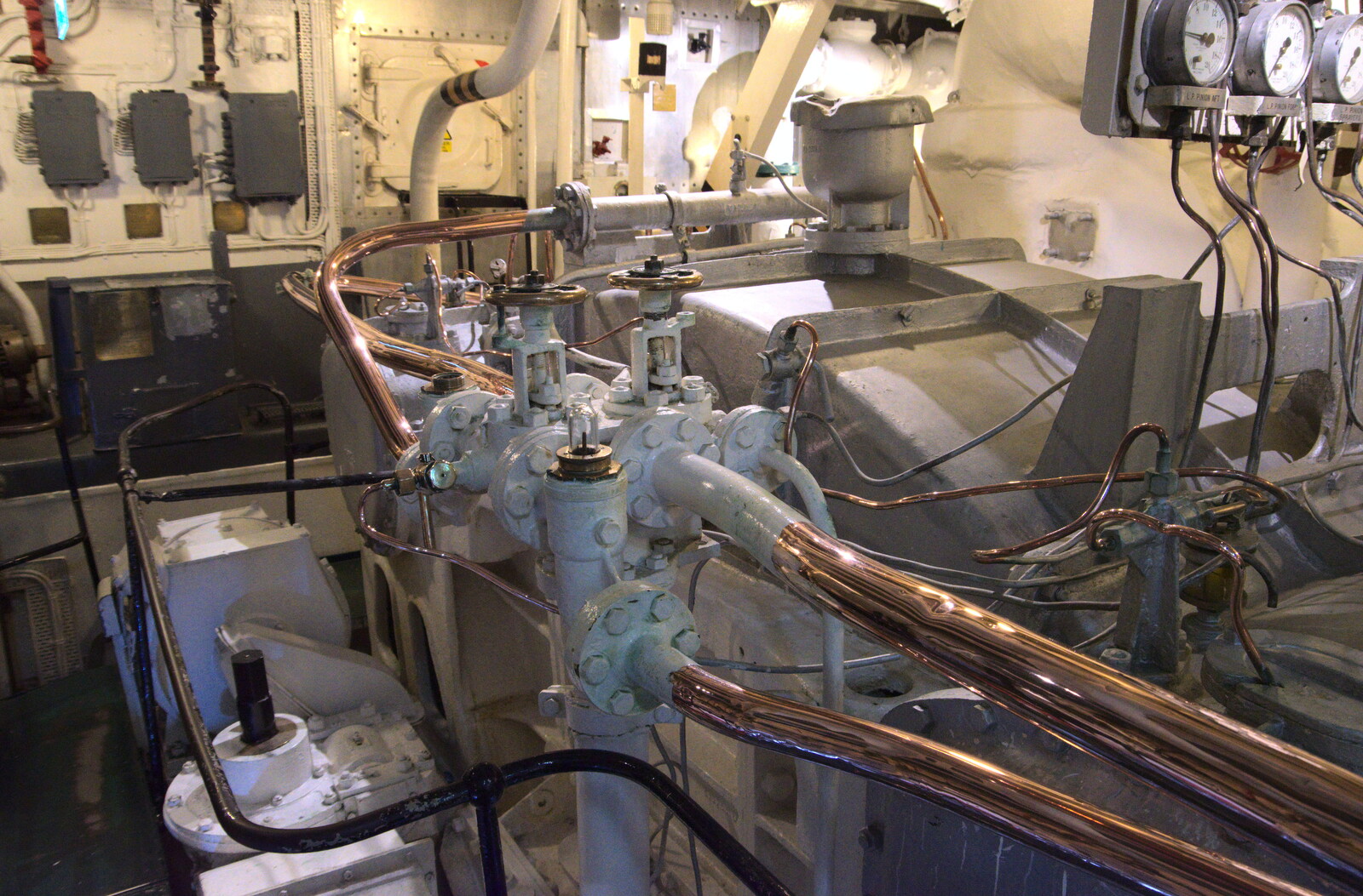 Shiny copper pipework from HMS Belfast and the South Bank, Southwark, London - 17th February 2020