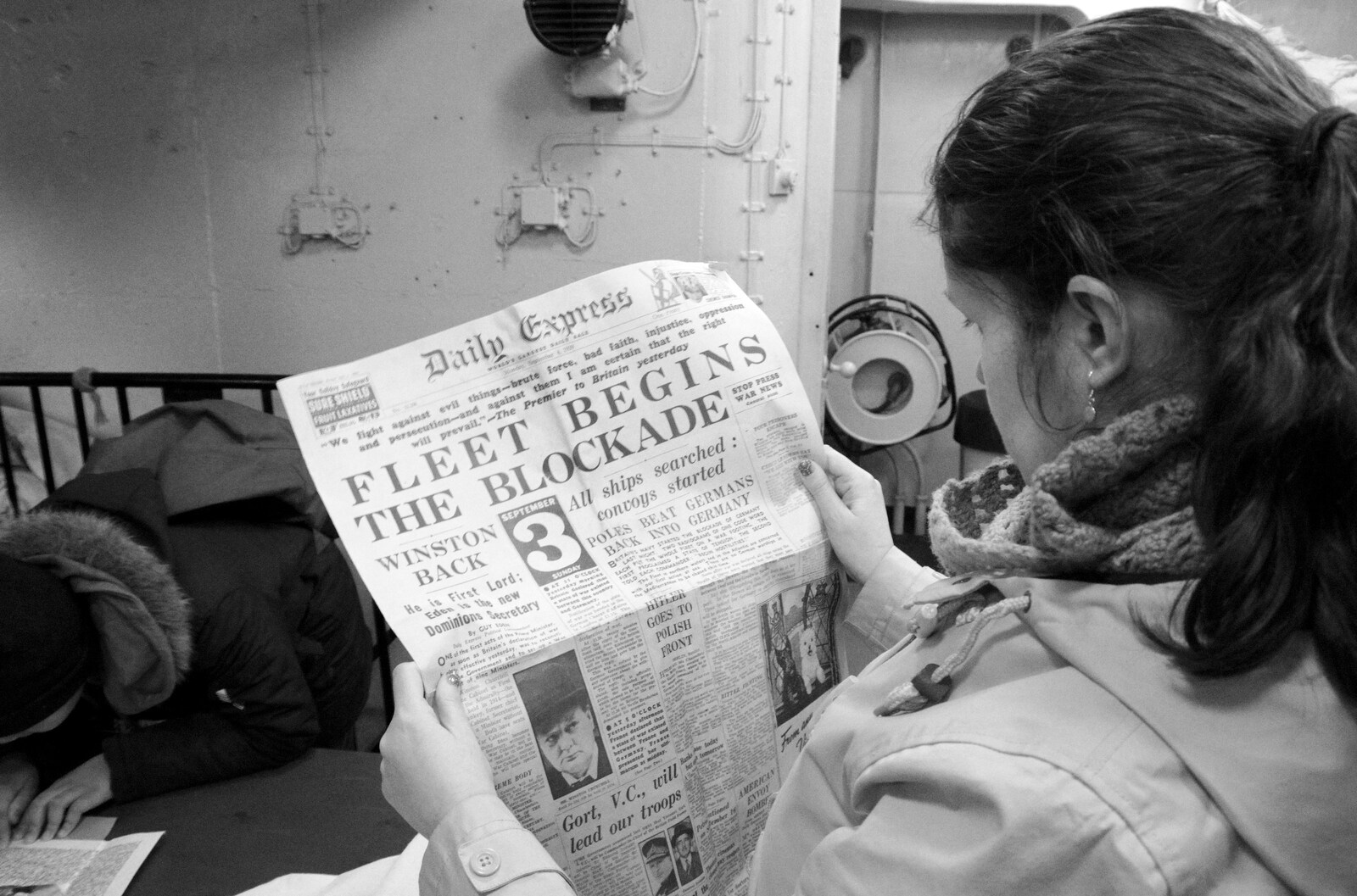 Isobel reads the news from HMS Belfast and the South Bank, Southwark, London - 17th February 2020