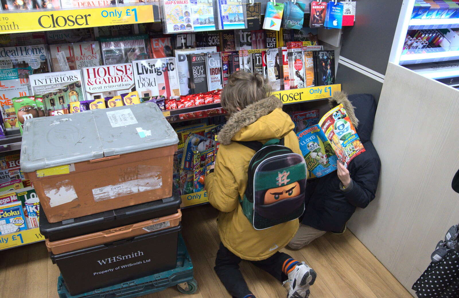 The boys get some magazines in WHSmith from HMS Belfast and the South Bank, Southwark, London - 17th February 2020