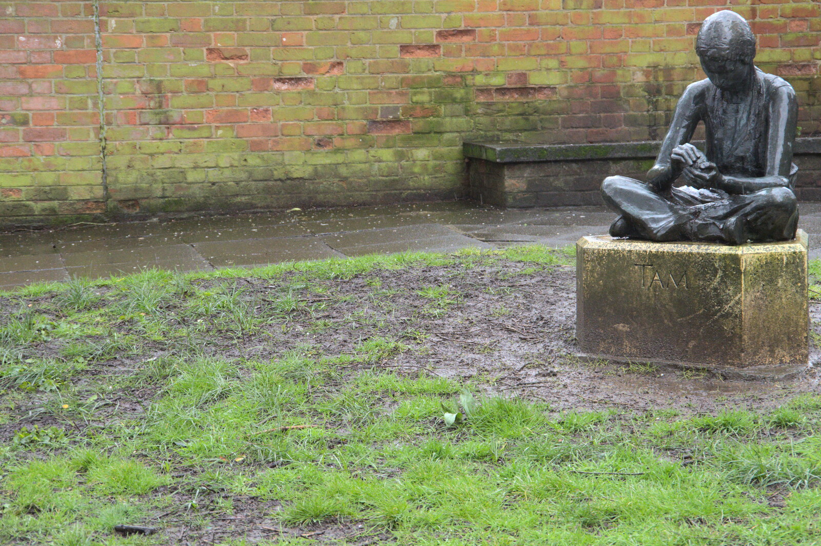The statue of Tam is sad and alone in the mud from Fred's Flute Exam, Ipswich, Suffolk - 5th March 2020