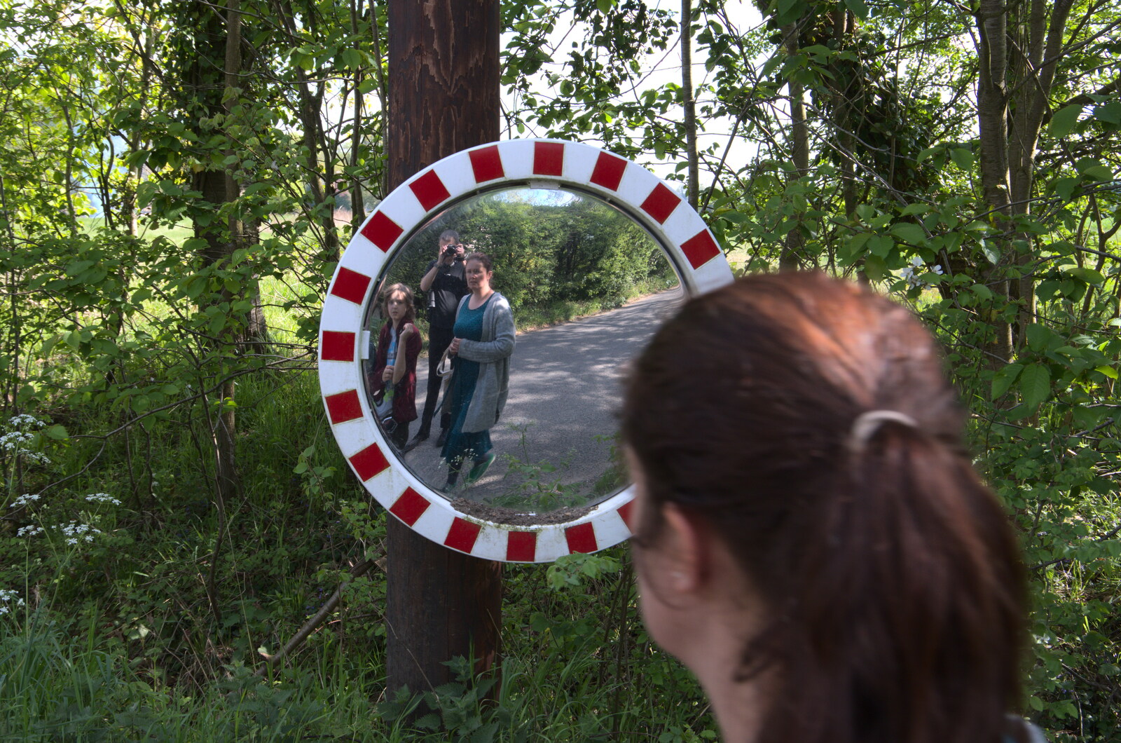 Isobel peers into a mirror from Lost Cat and a Walk on Nick's Lane, Brome, Suffolk - 26th April 2020