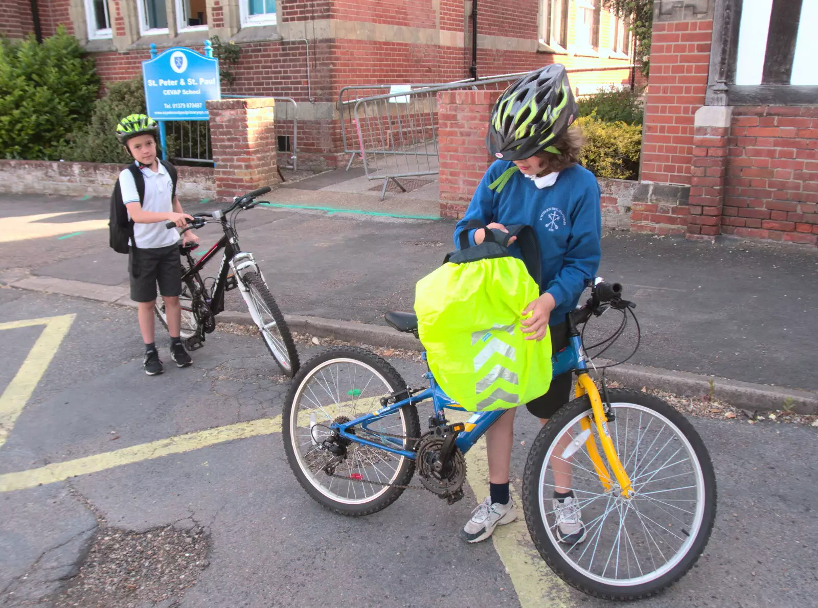 Henry and Fred arrive at school by bike, from The Old Brickworks and a New Road, Hoxne and Eye, Suffolk - 26th May 2020