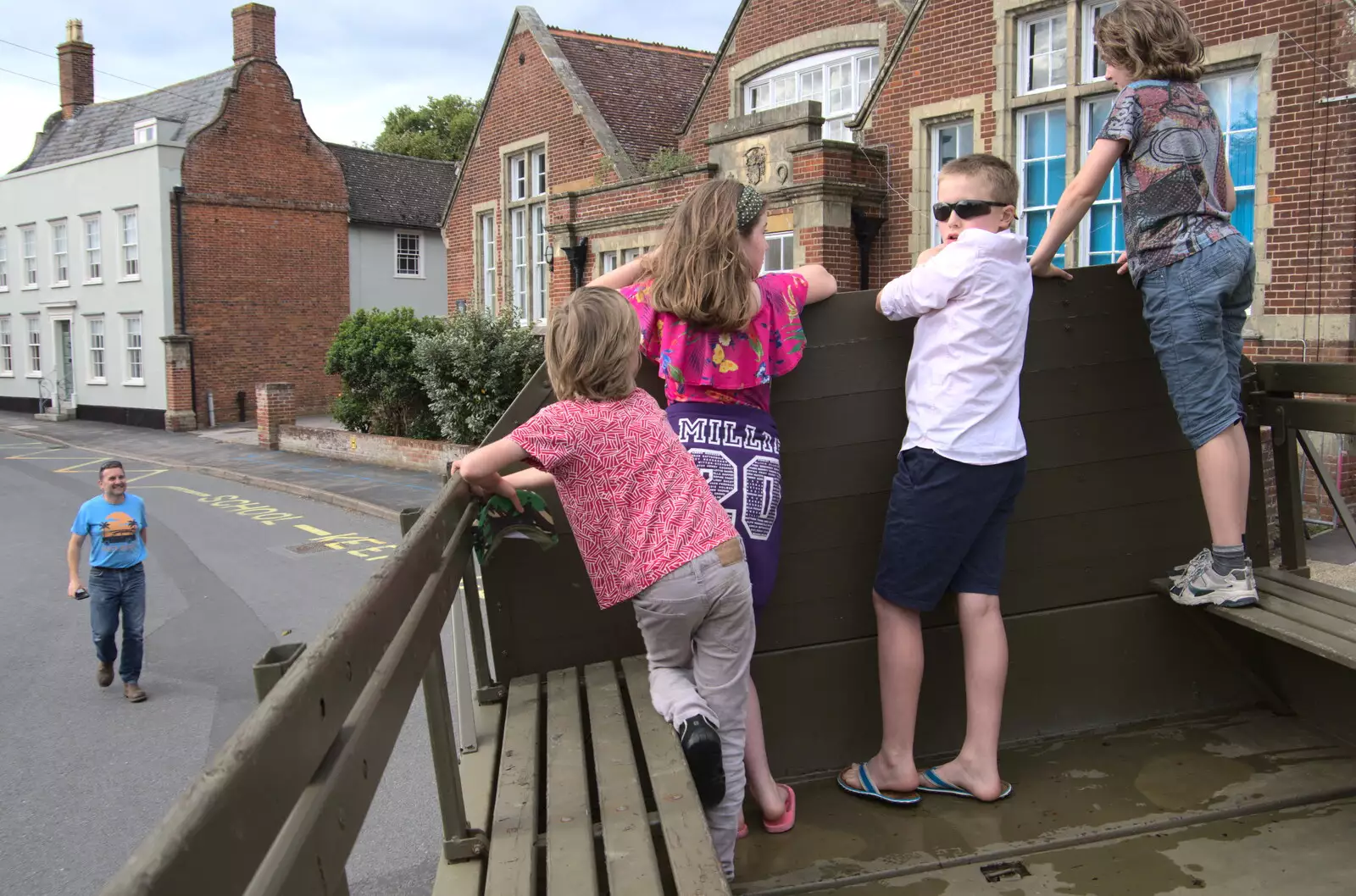 The gang outside the school, from A Picnic at Clive and Suzanne's, Braisworth, Suffolk - 11th July 2020