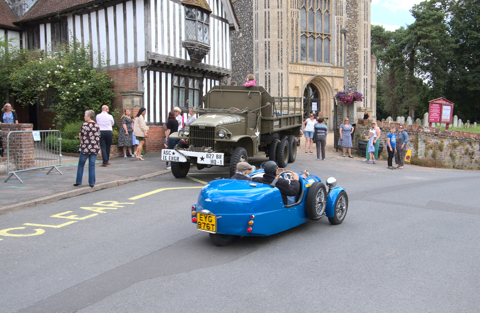 A three-wheeler trundles past from Fred's Last Day of Primary School, Eye, Suffolk - 22nd July 2020