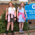 Amber and another girl on the school wall, Fred's Last Day of Primary School, Eye, Suffolk - 22nd July 2020