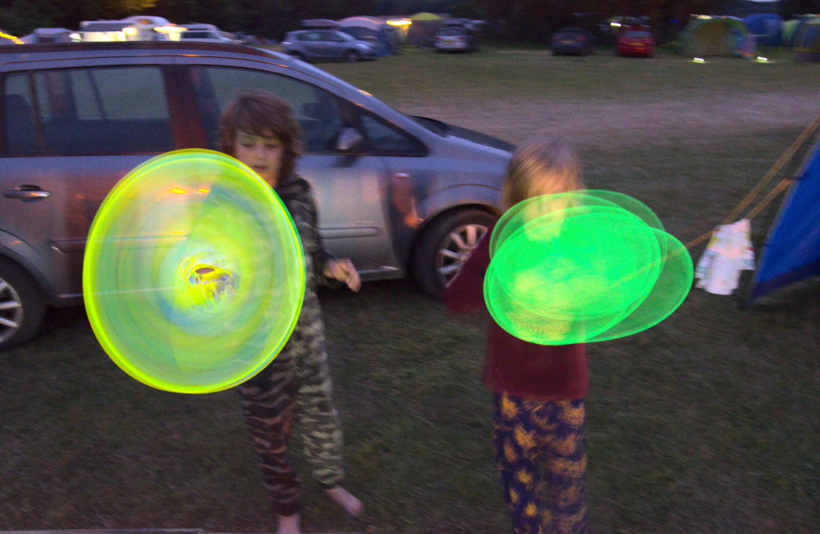 Fred and Harry do glow sticks in the dark from Camping on the Coast, East Runton, North Norfolk - 25th July 2020