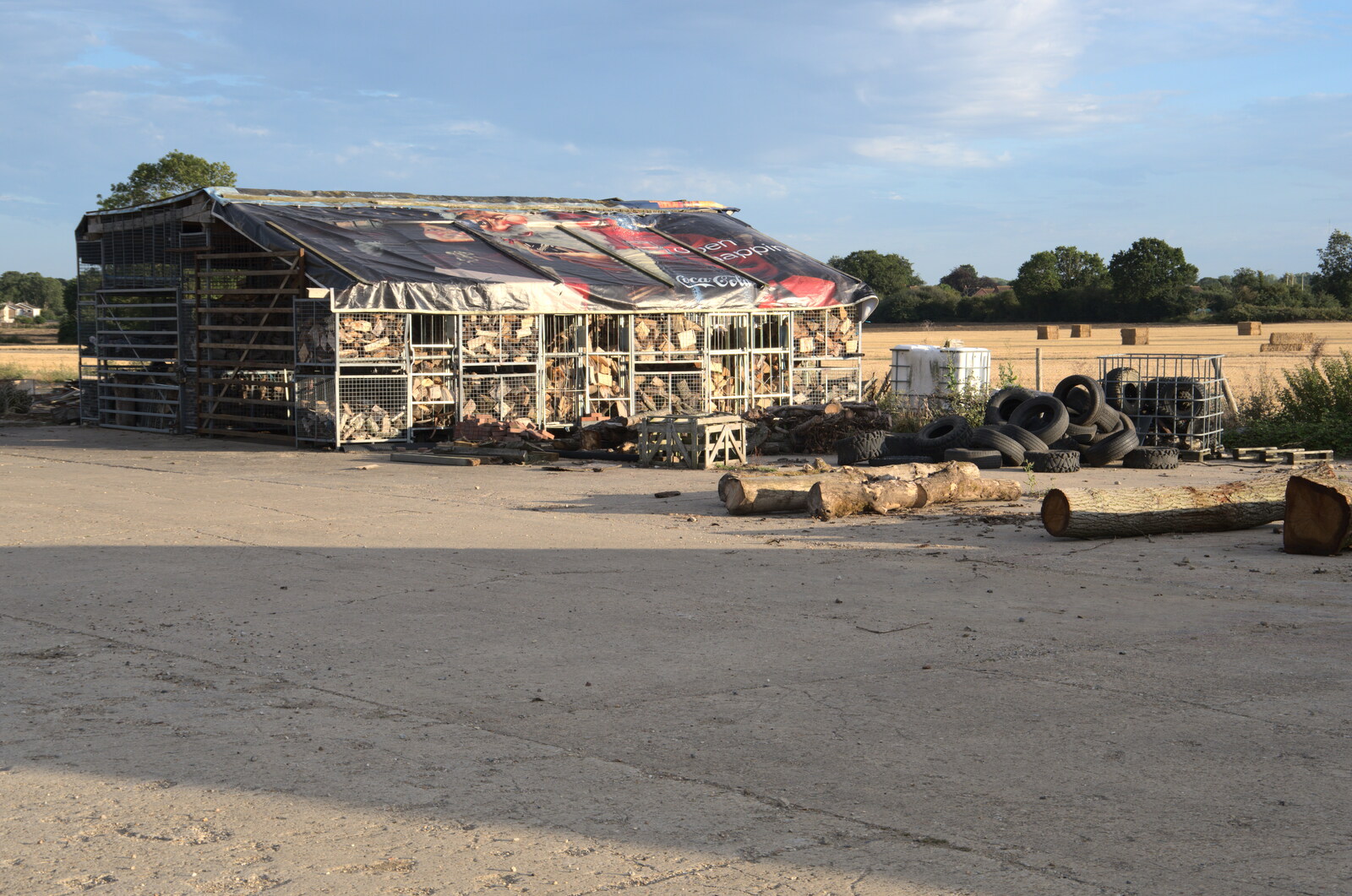 There's a big makeshift wood store on the airfield from Eye Airfield with Mick the Brick, Eye, Suffolk - 5th August 2020