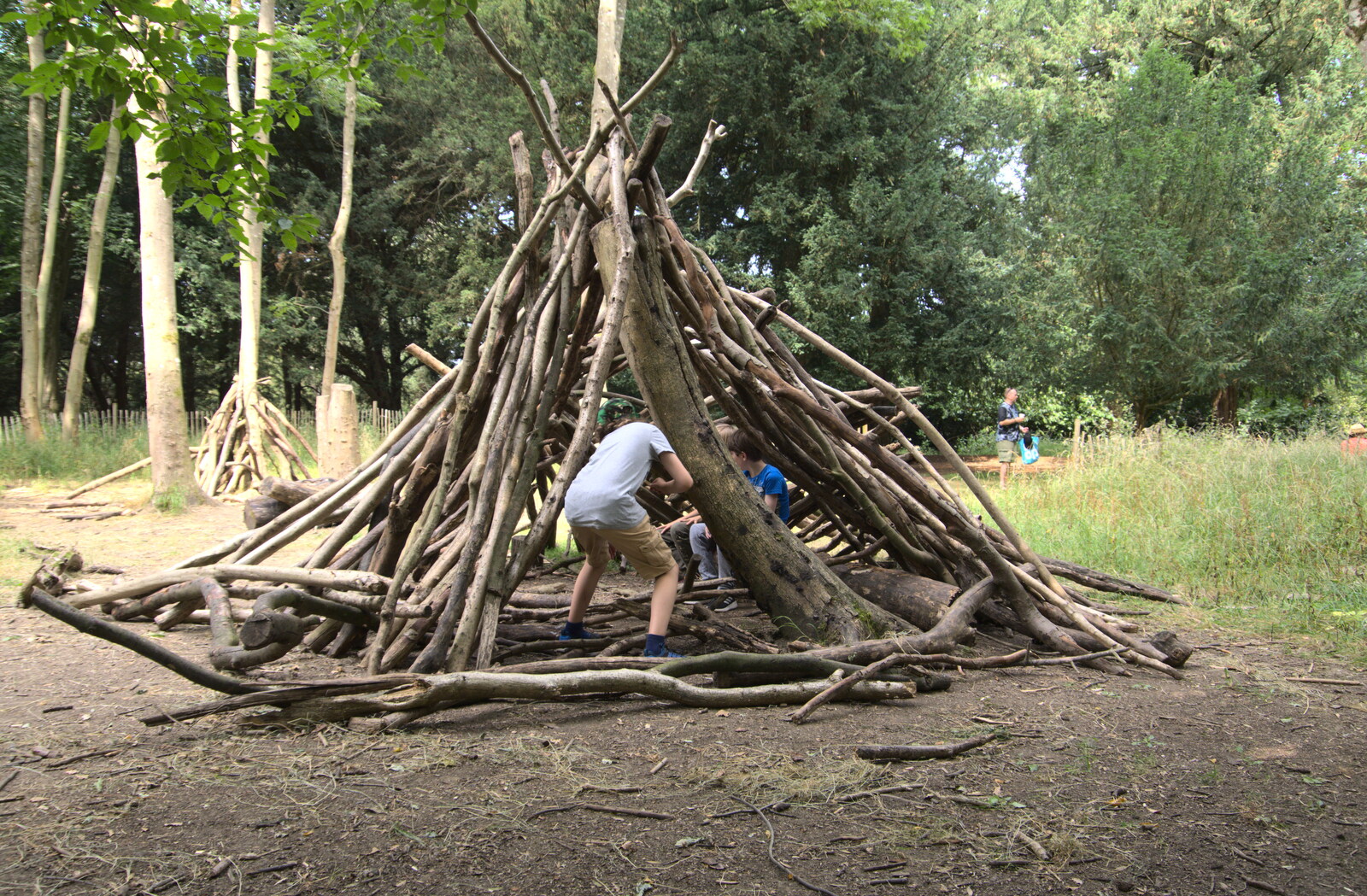 The boys are in a stick den from Back at Ickworth, and Oaksmere with the G-Unit, Horringer and Brome, Suffolk - 8th August 2020