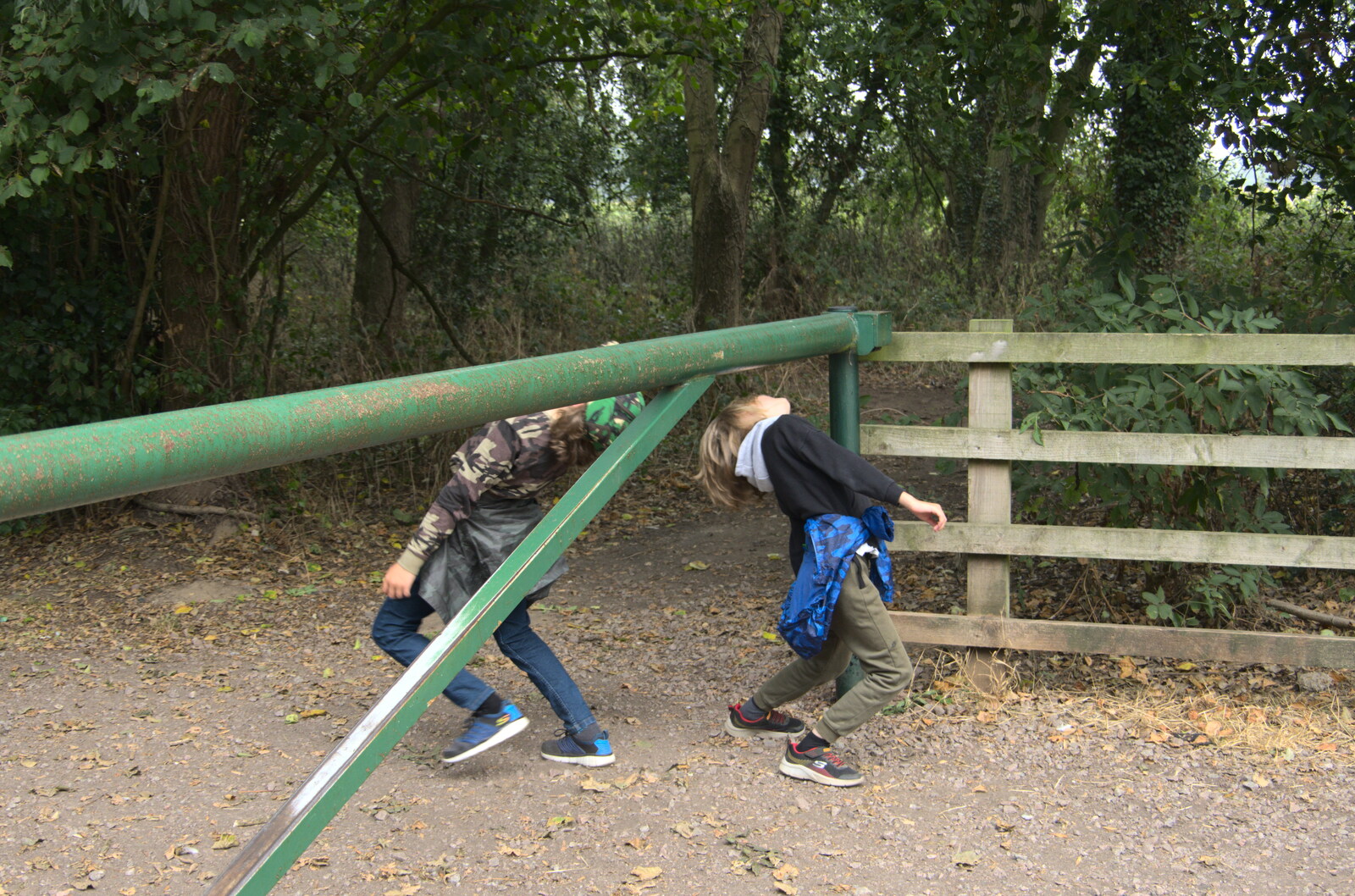 The boys limbo under a gate from Jules Visits, and a Trip to Tyrrel's Wood, Pulham Market, Norfolk - 16th August 2020