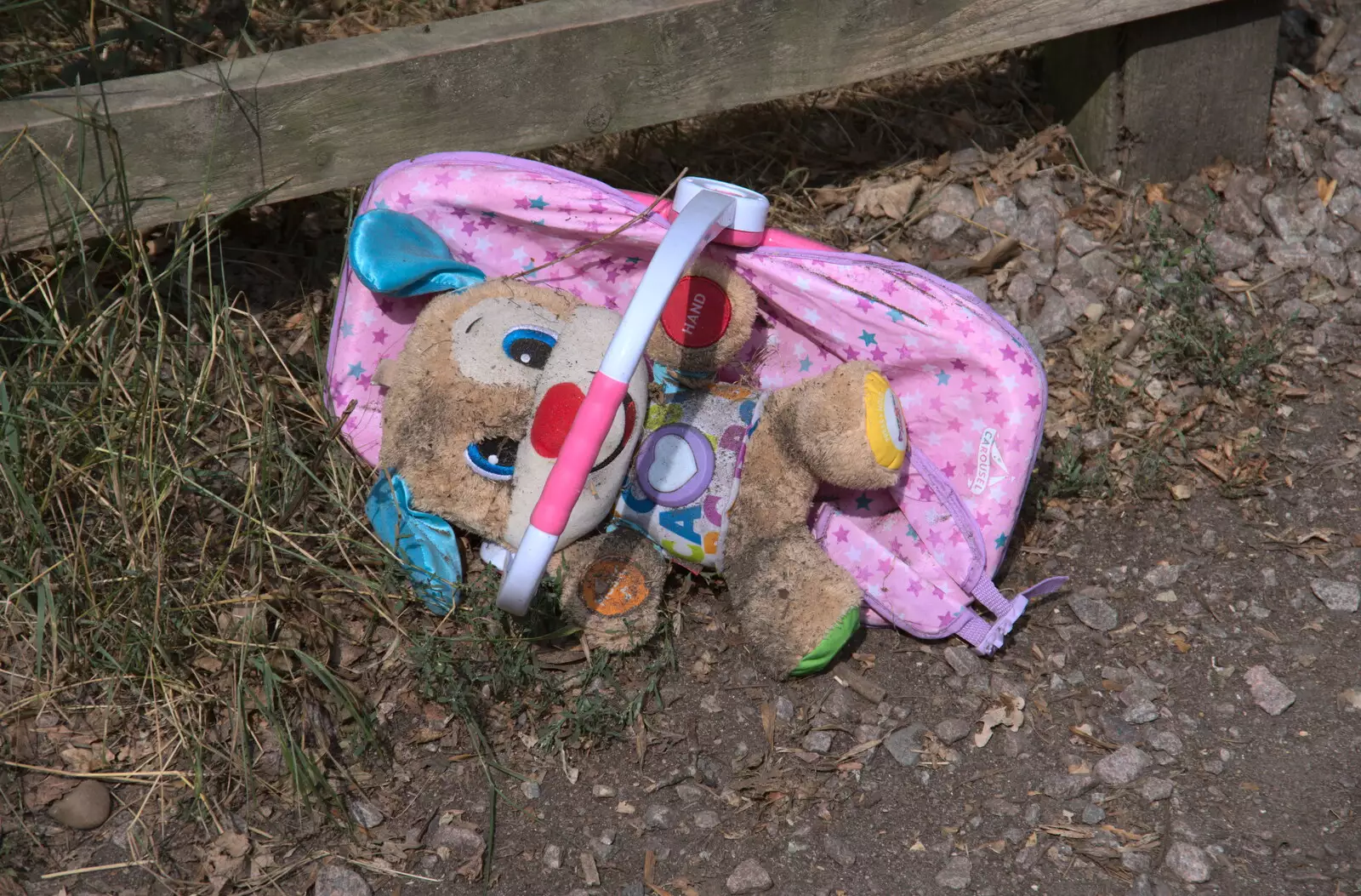 A discarded favourite bear by the cark park gate, from Jules Visits, and a Trip to Tyrrel's Wood, Pulham Market, Norfolk - 16th August 2020