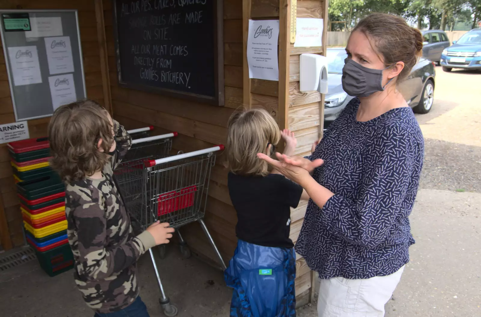 Sanitising outside Goodie's Farm Shop, from Jules Visits, and a Trip to Tyrrel's Wood, Pulham Market, Norfolk - 16th August 2020