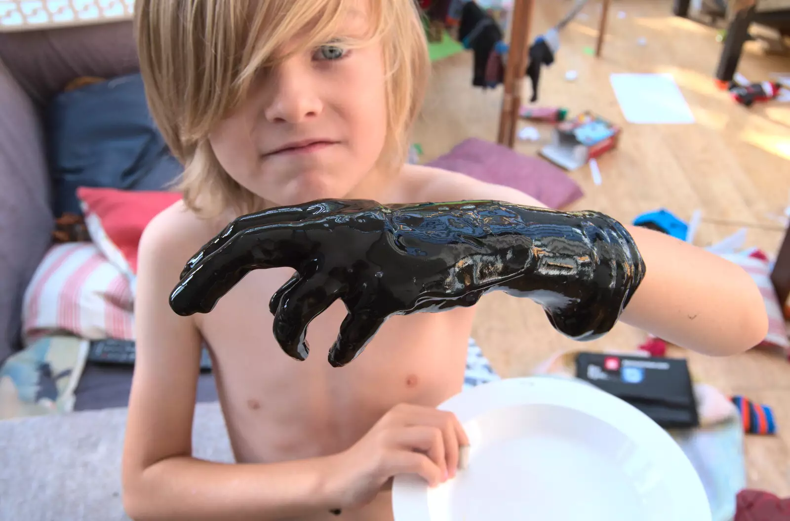 Harry's got black slime all over his hand , from A Sail Fitting, Billingford Windmill, Billingford, Norfolk - 20th August 2020