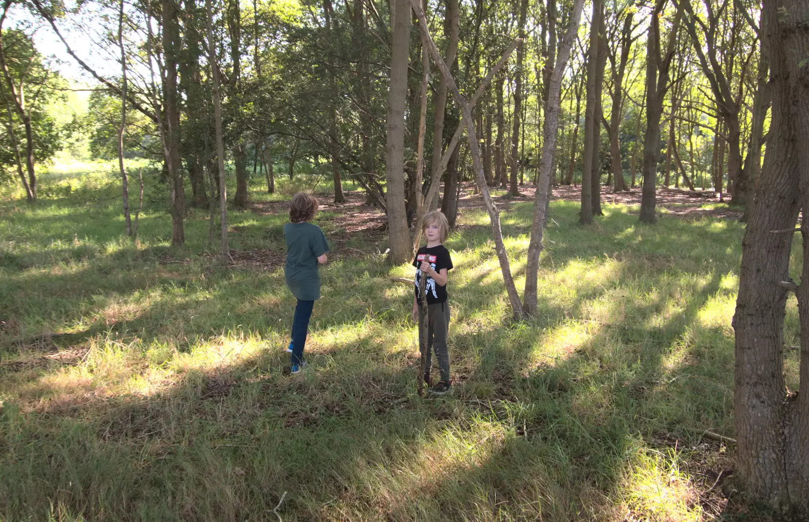 The boys in the woods on Billingford Common, from A Sail Fitting, Billingford Windmill, Billingford, Norfolk - 20th August 2020