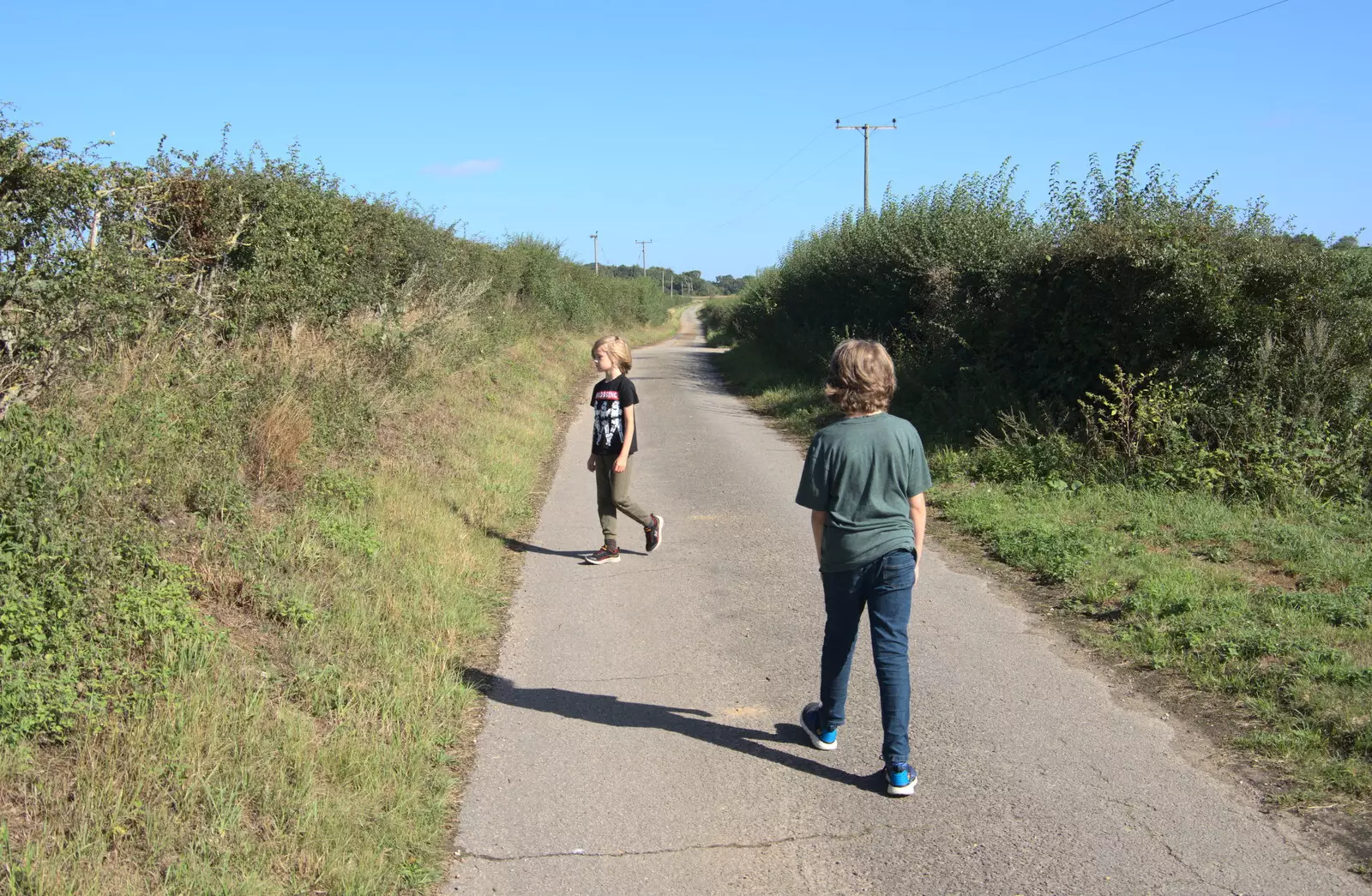 The boys roam around on the old road, from A Sail Fitting, Billingford Windmill, Billingford, Norfolk - 20th August 2020