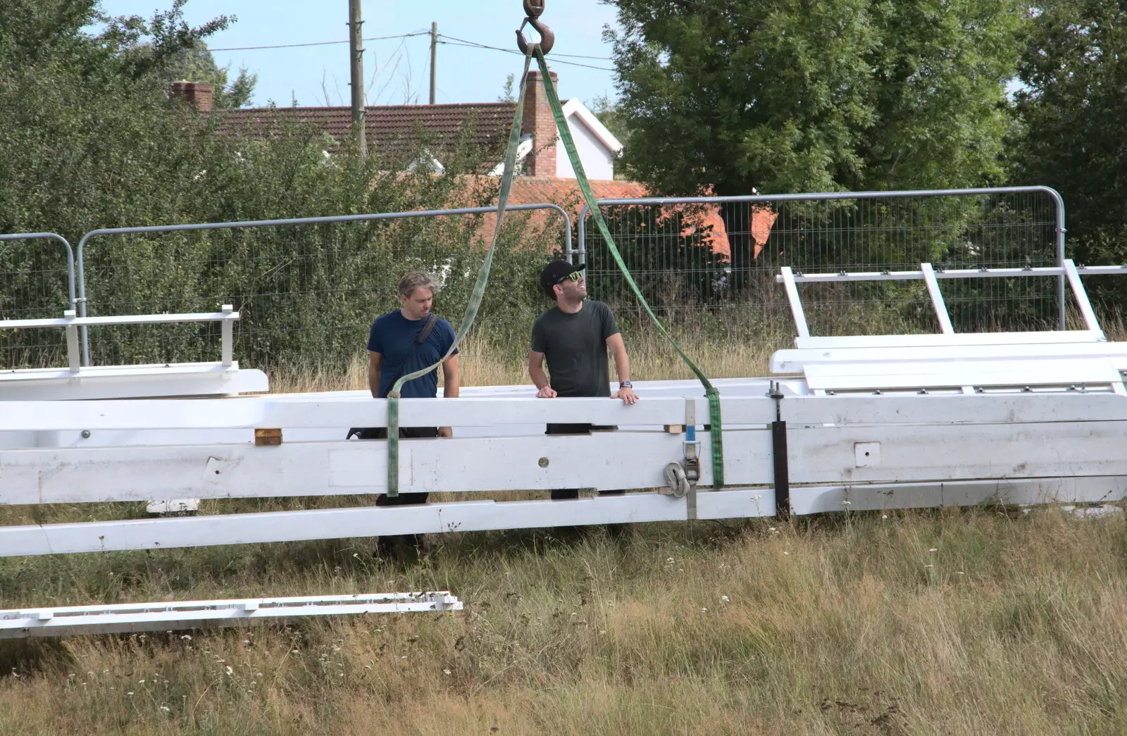 The two-ton arm is lifted, from A Sail Fitting, Billingford Windmill, Billingford, Norfolk - 20th August 2020