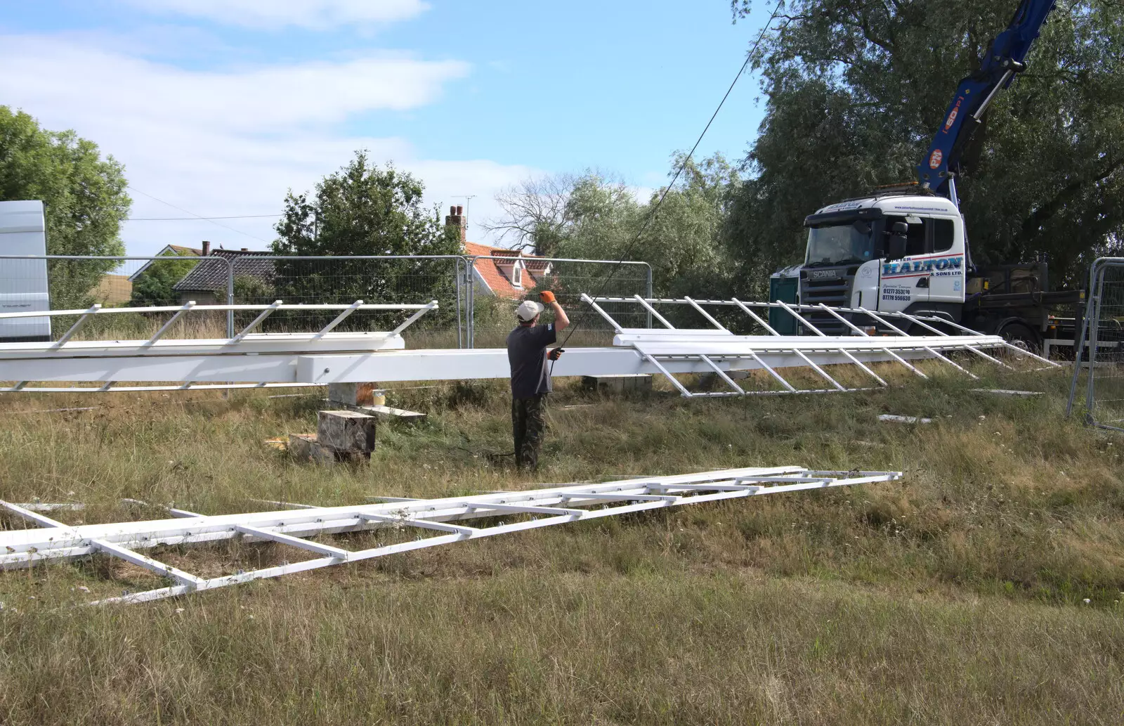 The crane is operated by remote control, from A Sail Fitting, Billingford Windmill, Billingford, Norfolk - 20th August 2020