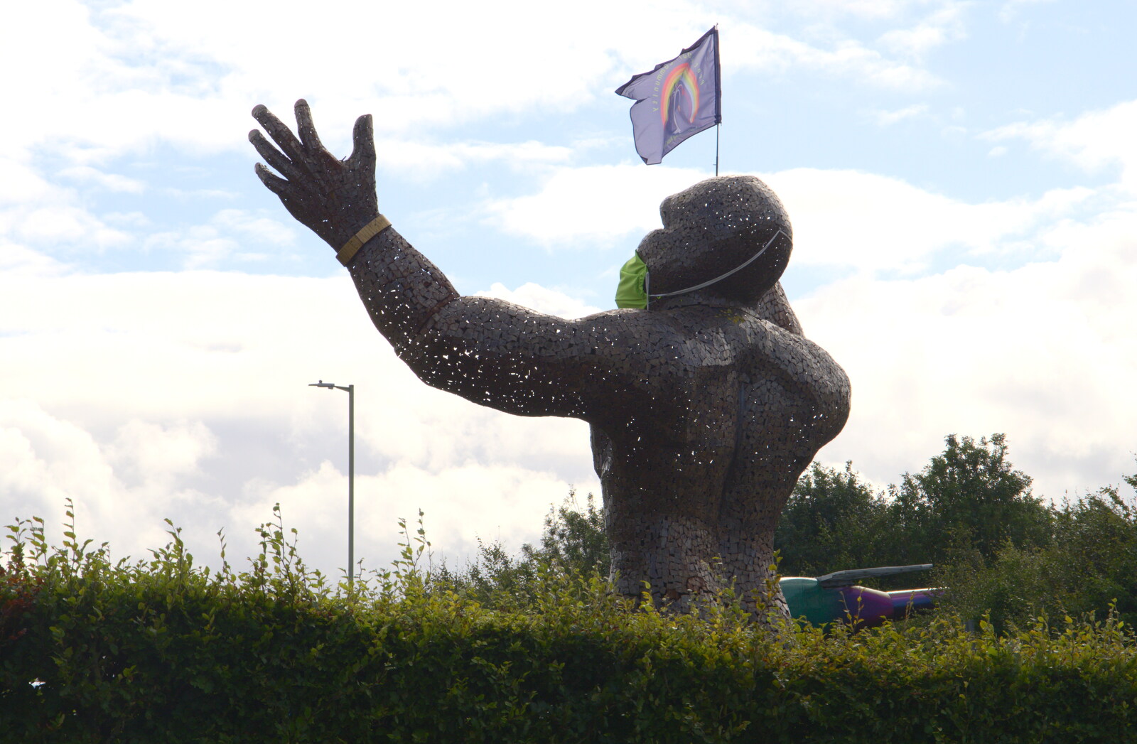 A big statue on the roundabout with a mask on from Stone Circles: Stonehenge and Avebury, Wiltshire - 22nd August 2020