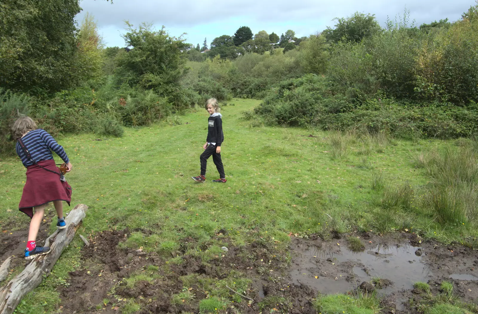 Fred crosses a log bridge, from A Game of Cricket, and a Walk Around Chagford, Devon - 23rd August 2020