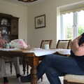 Isobel and Sis in Grandma J's dining room, A Game of Cricket, and a Walk Around Chagford, Devon - 23rd August 2020