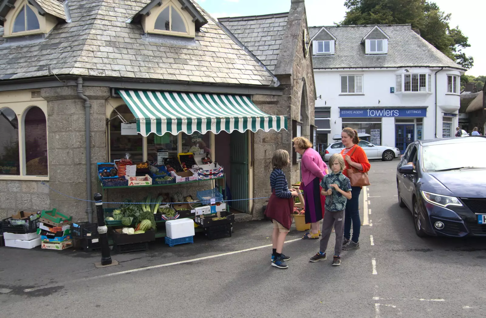 The gang outside the Fruit Loop greengrocer, from A Game of Cricket, and a Walk Around Chagford, Devon - 23rd August 2020