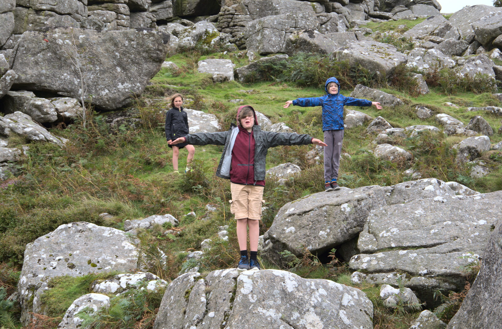 Fred and Harry stick their arms out in the wind from A Walk up Hound Tor, Dartmoor, Devon - 24th August 2020