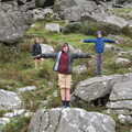 Fred and Harry stick their arms out in the wind, A Walk up Hound Tor, Dartmoor, Devon - 24th August 2020