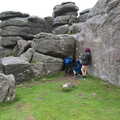 The boys inspect a cave, A Walk up Hound Tor, Dartmoor, Devon - 24th August 2020