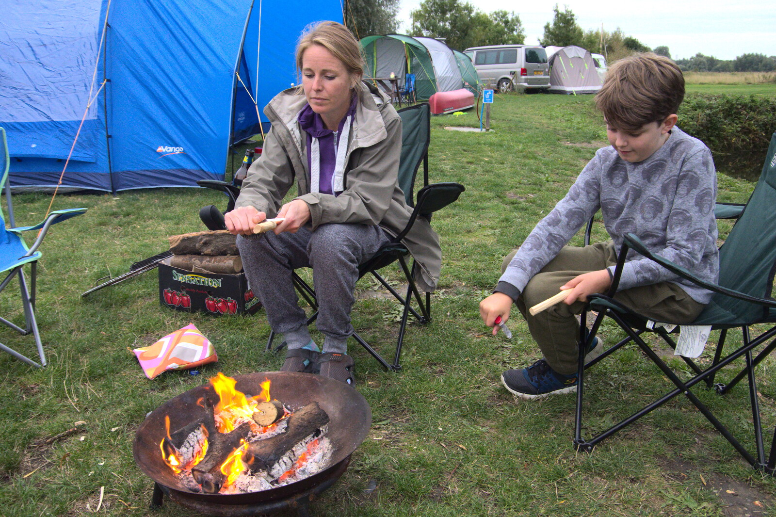 Camping at Three Rivers, Geldeston, Norfolk - 5th September 2020: Allyson and Fred do some whittling