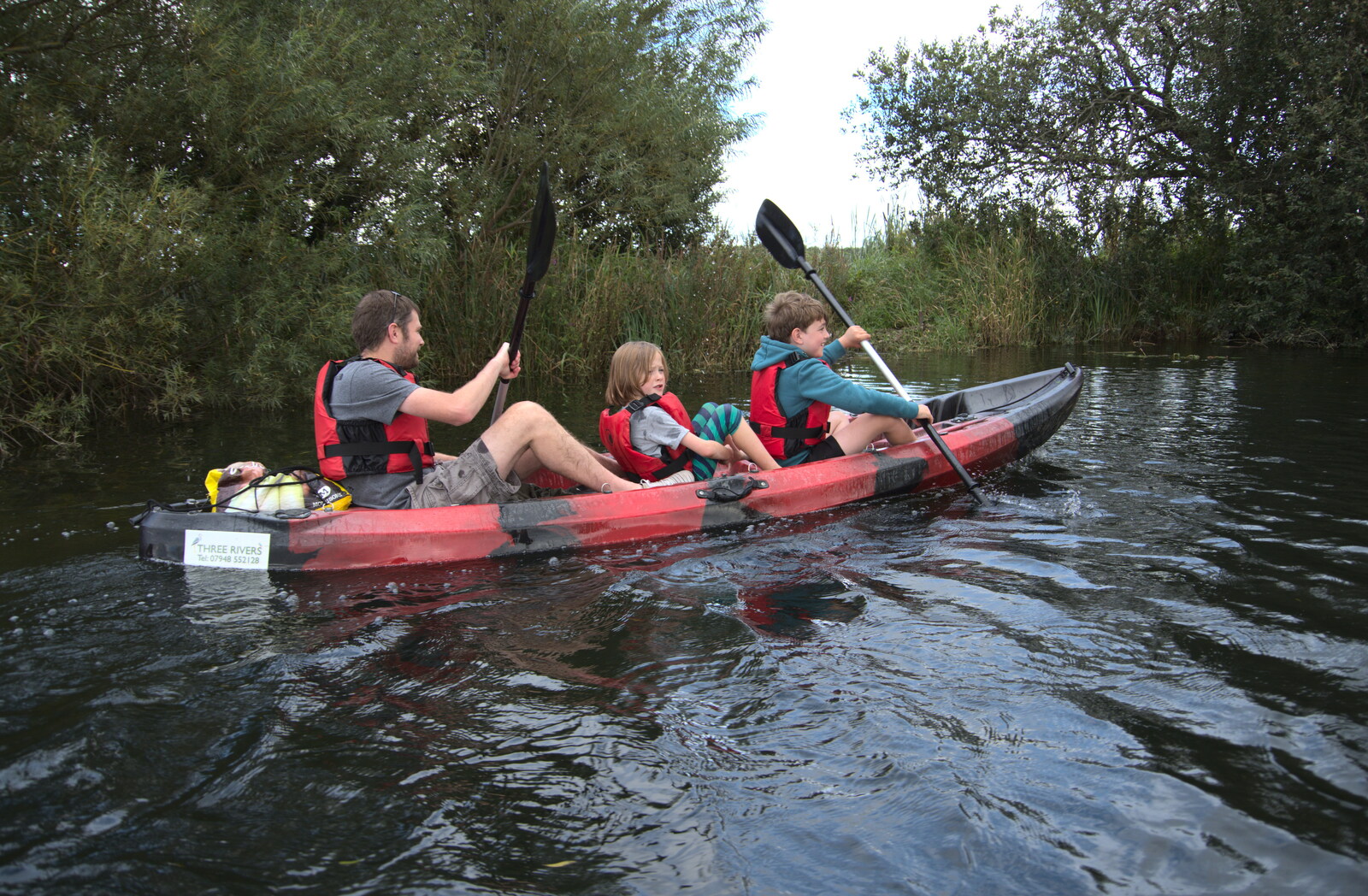 Camping at Three Rivers, Geldeston, Norfolk - 5th September 2020: The Boy Phil and Fred paddle an open kayak