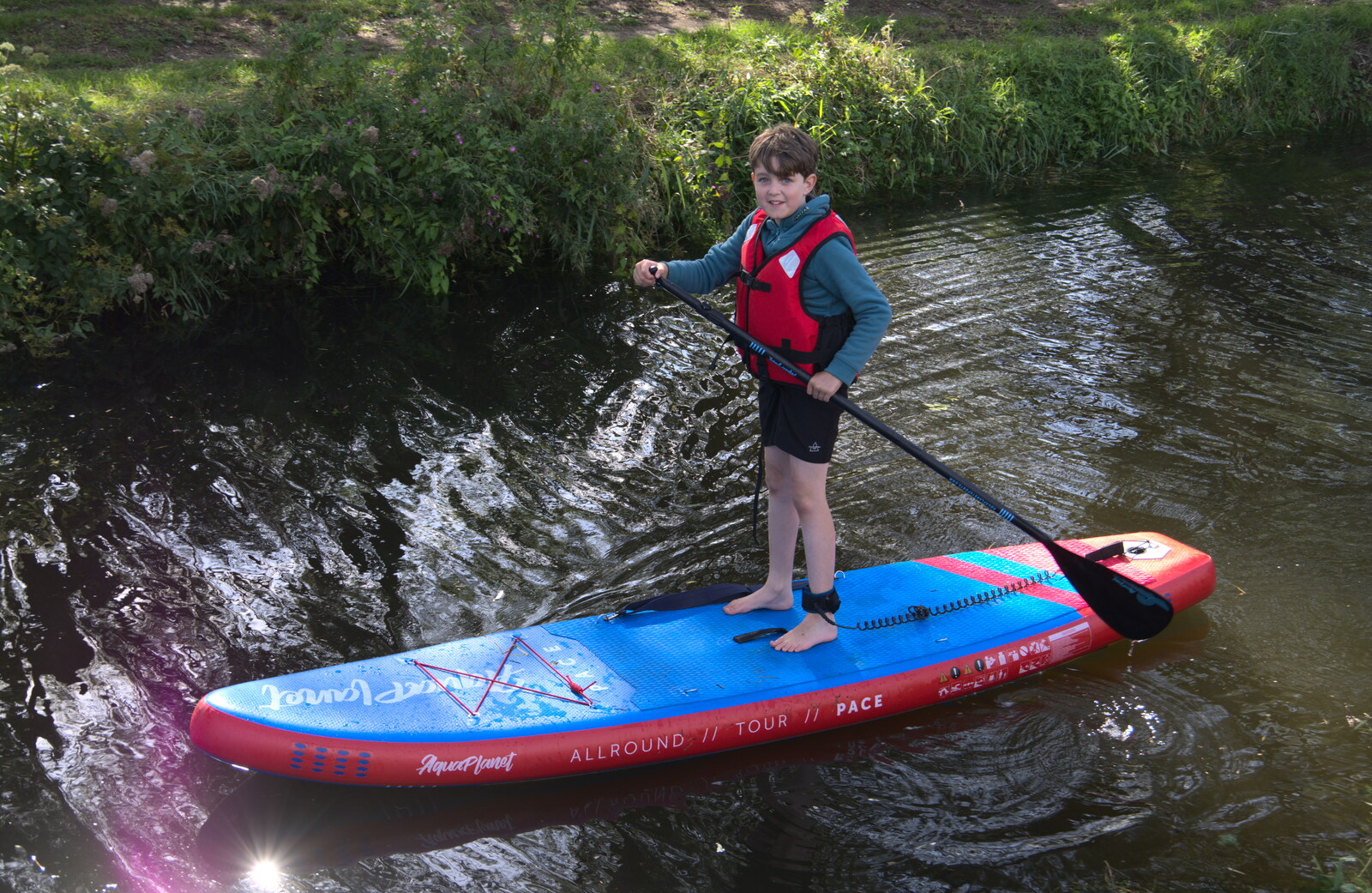 Camping at Three Rivers, Geldeston, Norfolk - 5th September 2020: Fred has a go at stand-up paddle-boarding