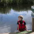 Harry climbs up to the pontoon, Camping at Three Rivers, Geldeston, Norfolk - 5th September 2020