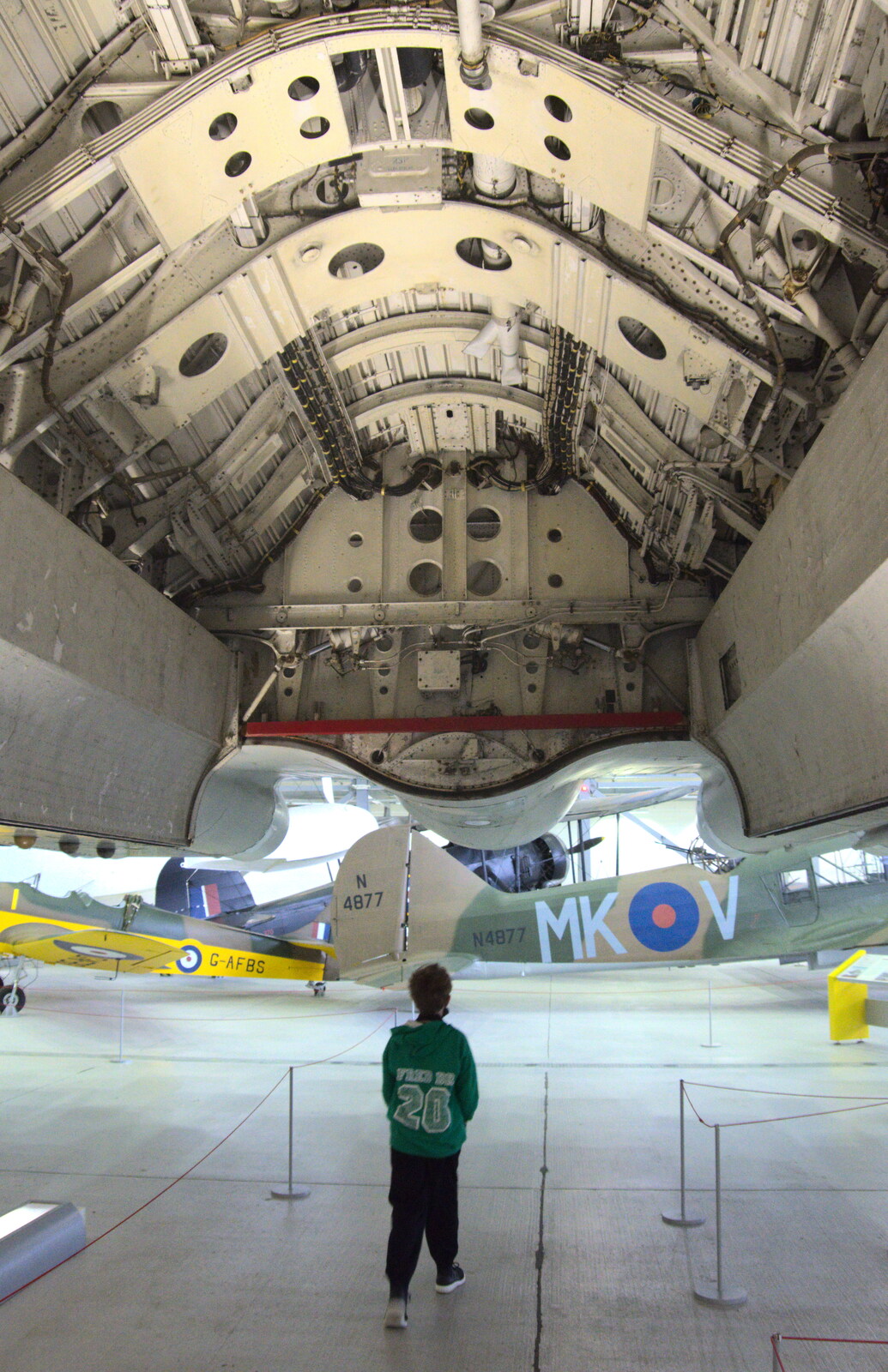Fred looks up into the bomb bay of a Vulcan bomber from The Duxford Dash, IWM Duxford, Cambridge - 13th September 2020
